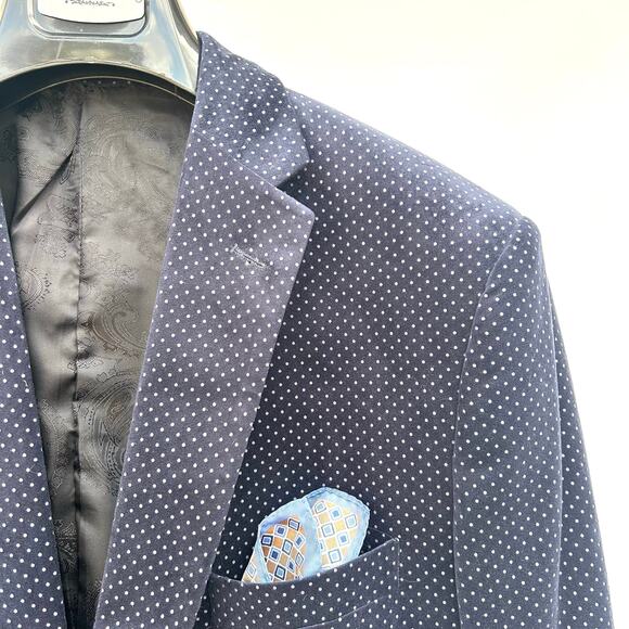 Samuel Windsor Navy Blue Suit Jacket Blazer Velvet Polka Dots 48 Quirky Fun - Picture 6 of 8